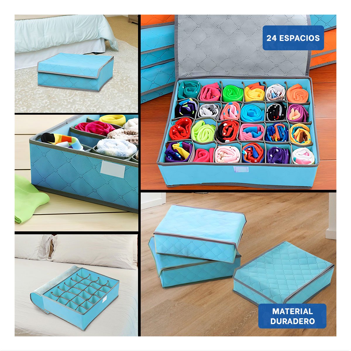 PACK4 MODULO ORGANIZADOR PARA ROPA INTERIOR 24 DIVISIONES CON TAPA CELESTE Y+REGALO STICKER - 2