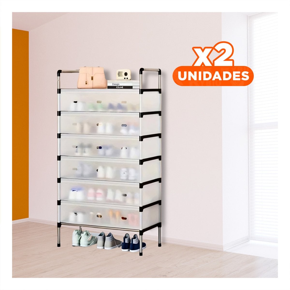 PACK2 ESTANTE PARA ZAPATOS 6 NIVELES TODO CERRADO BLANCO TRANSPARENTE HOGAR - 1