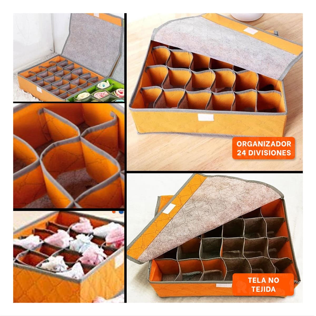 PACK4 MODULO ORGANIZADOR PARA ROPA INTERIOR 24 DIVISIONES CON TAPA NARANJA Y+REGALO STICKER - 2