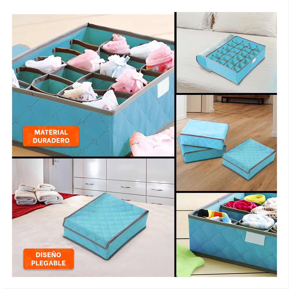 PACK2 CONTENEDOR ORGANIZADOR DE ROPA INTERIOR 24 DIVISIONES CON TAPA CELESTE Y+PAPEL REGALO - 3