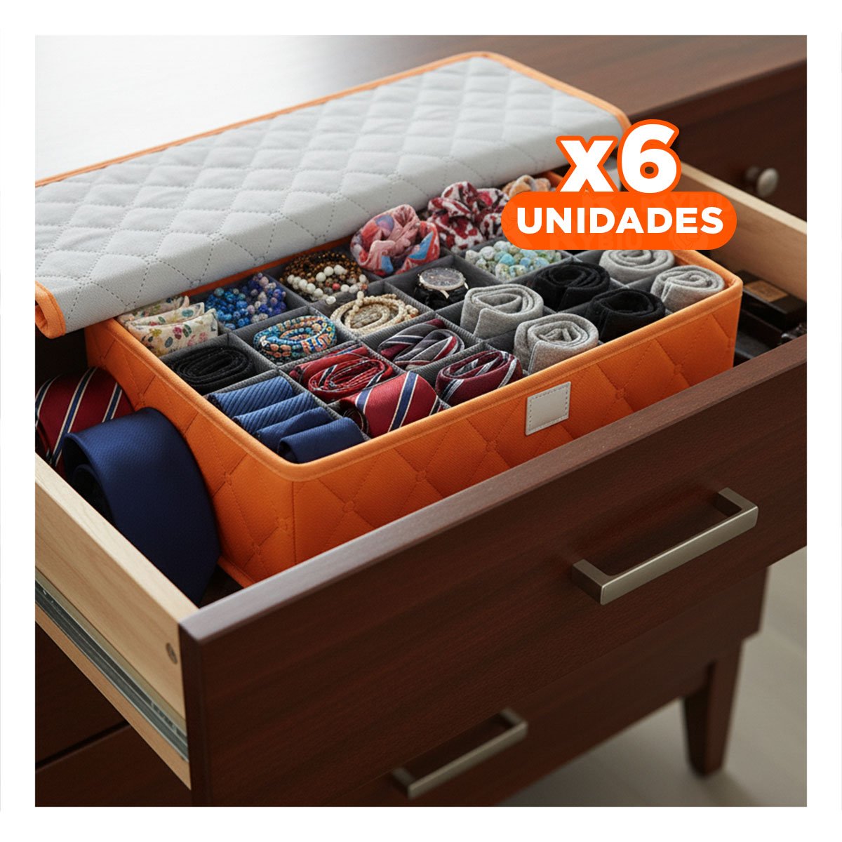 PACK6 MODULO ORGANIZADOR DE ROPA INTERIOR 24 DIVISIONES CON TAPA NARANJA PRO - 1