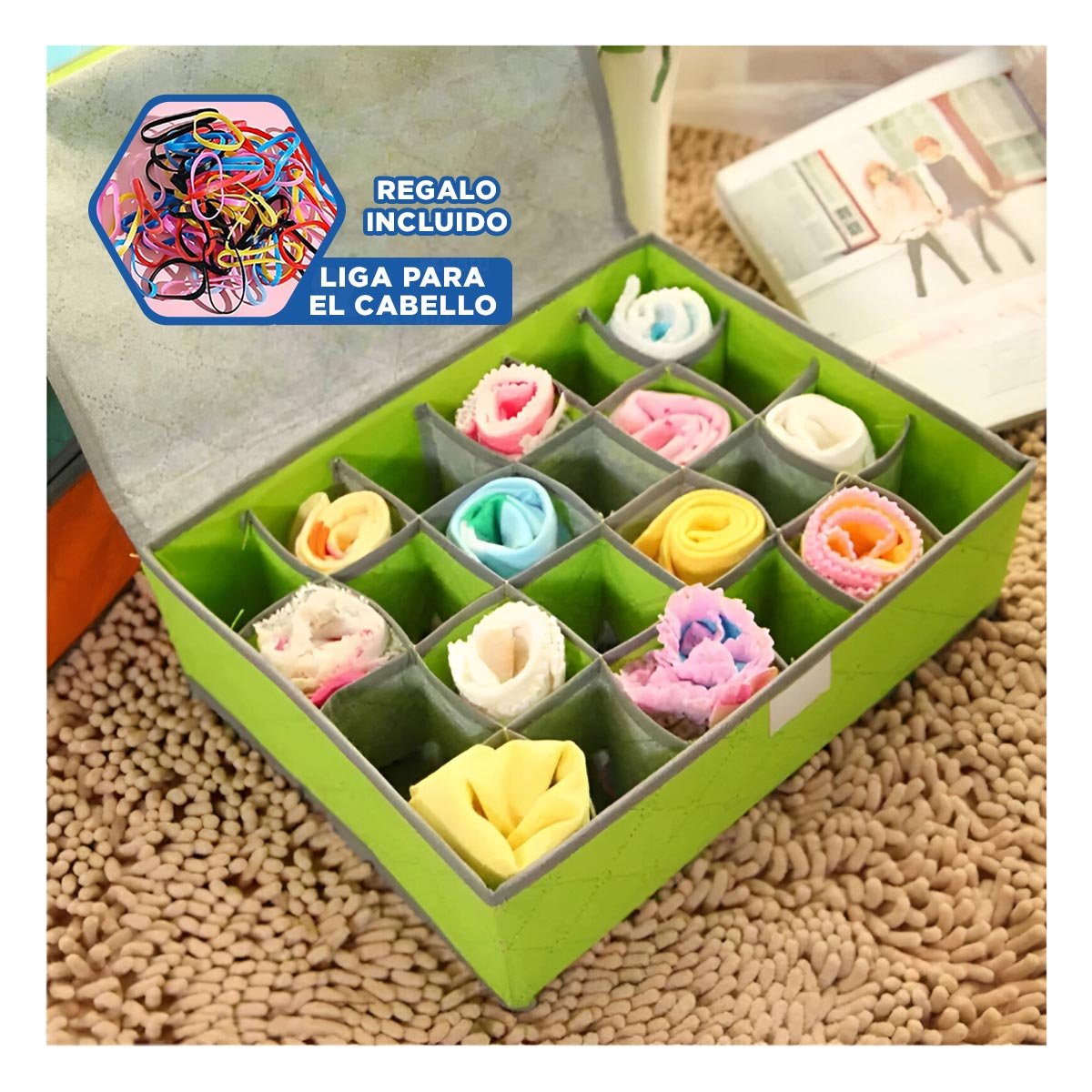 ORGANIZADOR DE ROPA INTERIOR 24 DIVISIONES CON TAPA VERDE ESTILO HOGAR PRO Y+LIGAS REGALO - 2