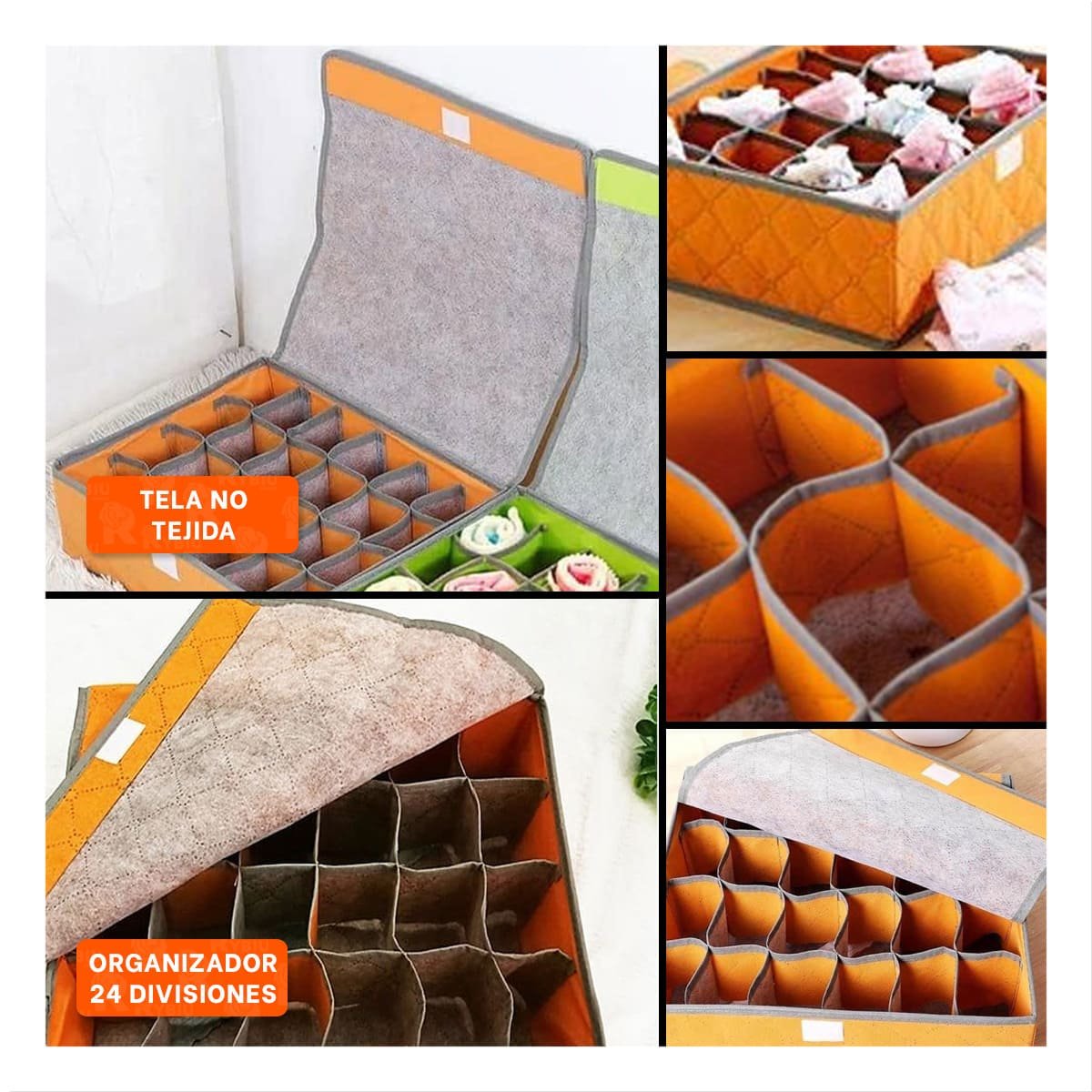 PACK2 CONTENEDOR ORGANIZADOR DE ROPA INTERIOR 24 DIVISIONES CON TAPA NARANJA Y+PAPEL REGALO - 3