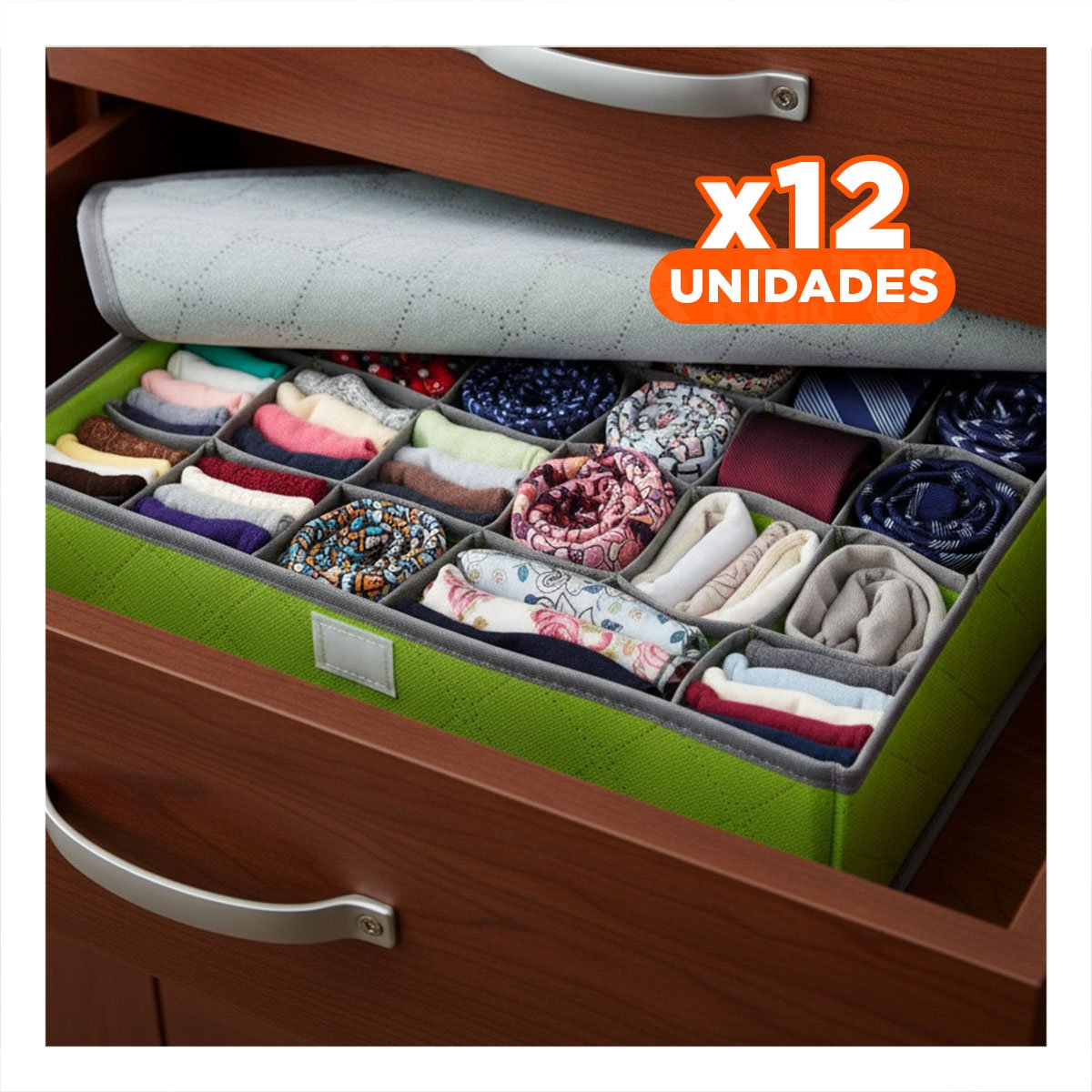 PACK12 CAJA TEXTIL DE ROPA INTERIOR 24 DIVISIONES CON TAPA VERDE PLUS Y+REGALO STICKER - 1