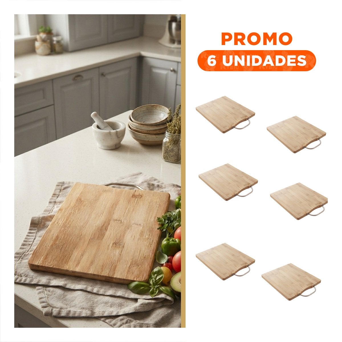 PACK6 BASE BAMBU CON MANGO MOSTAZA PARA PREPARAR INGREDIENTES 34X24X1,8CM YREGALO STICKER - 1