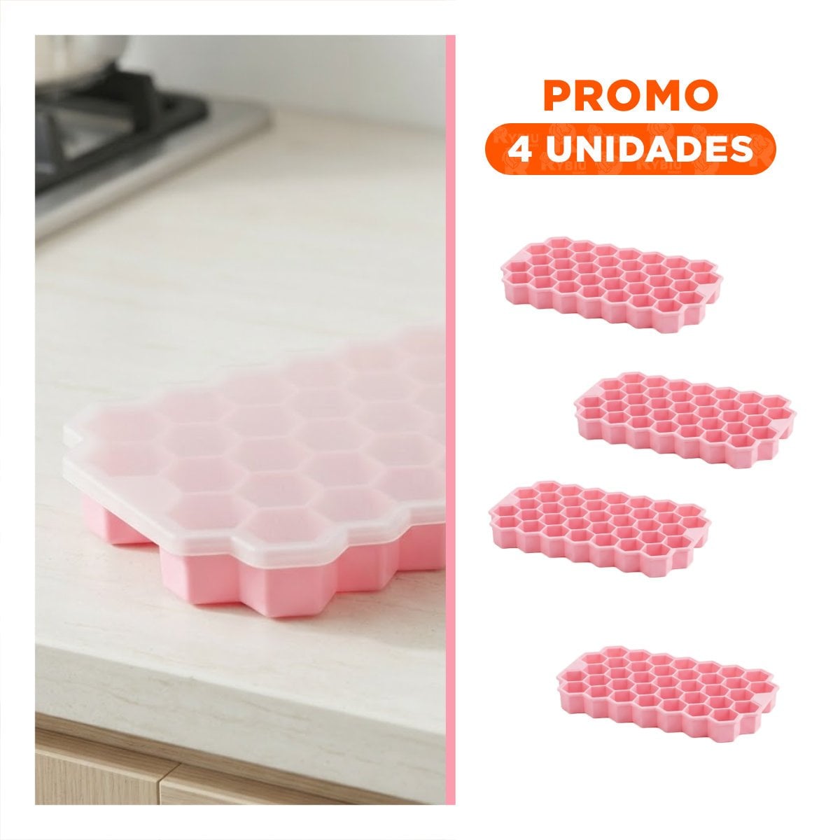PACK4 MOLDE COLOR ROSADO CON COMPARTIMENTOS PARA HIELO Y TAPA 20.5X12 CM - 1