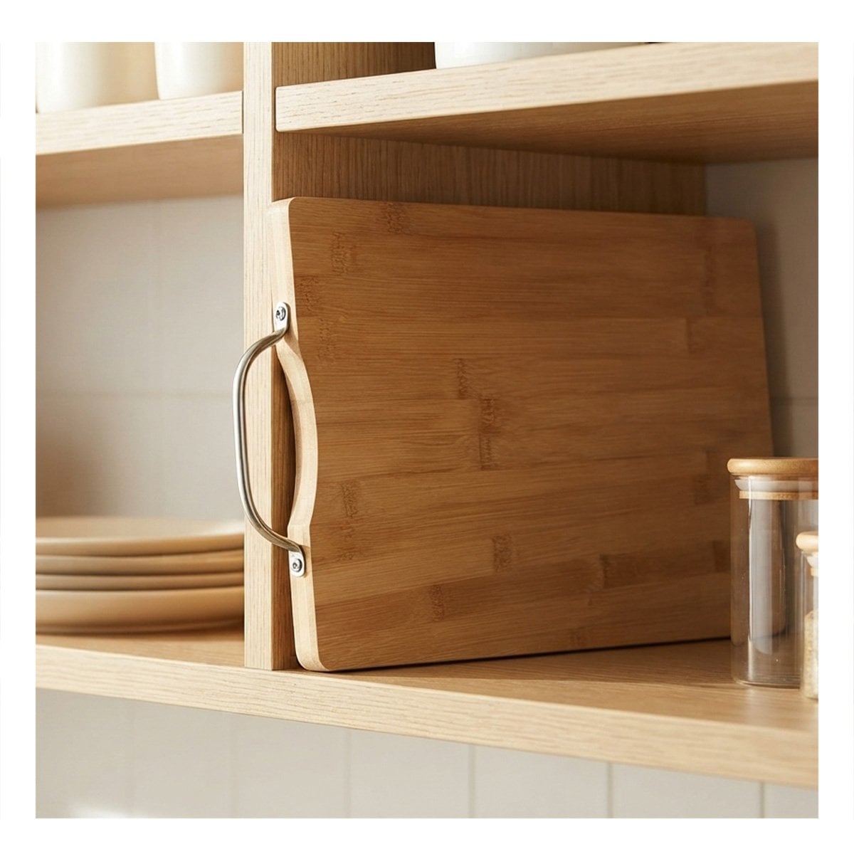 TABLON DE COCINA BAMBU MOSTAZA 34X24X1,8CM CON MANGO PRACTICO Y PAPEL REGALO - 1