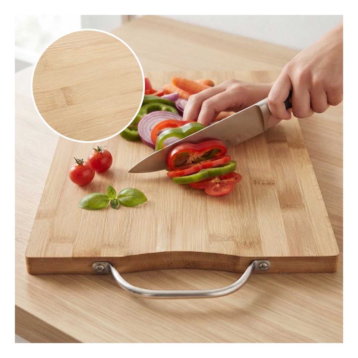 TABLON DE COCINA BAMBU MOSTAZA 34X24X1,8CM CON MANGO PRACTICO Y PAPEL REGALO - 2