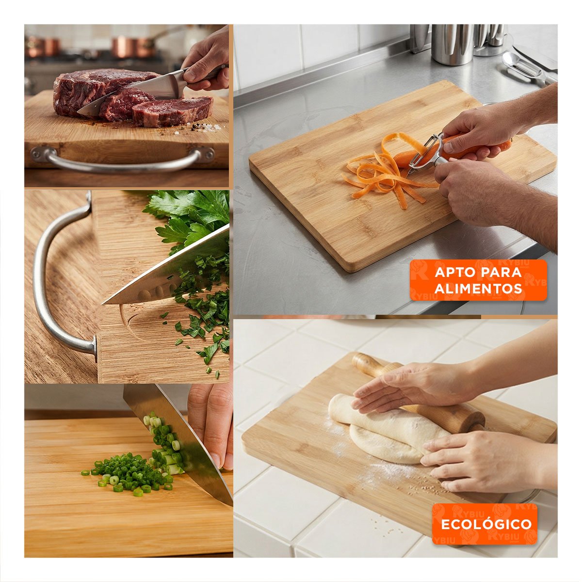 TABLON DE COCINA BAMBU MOSTAZA 34X24X1,8CM CON MANGO PRACTICO Y PAPEL REGALO - 3