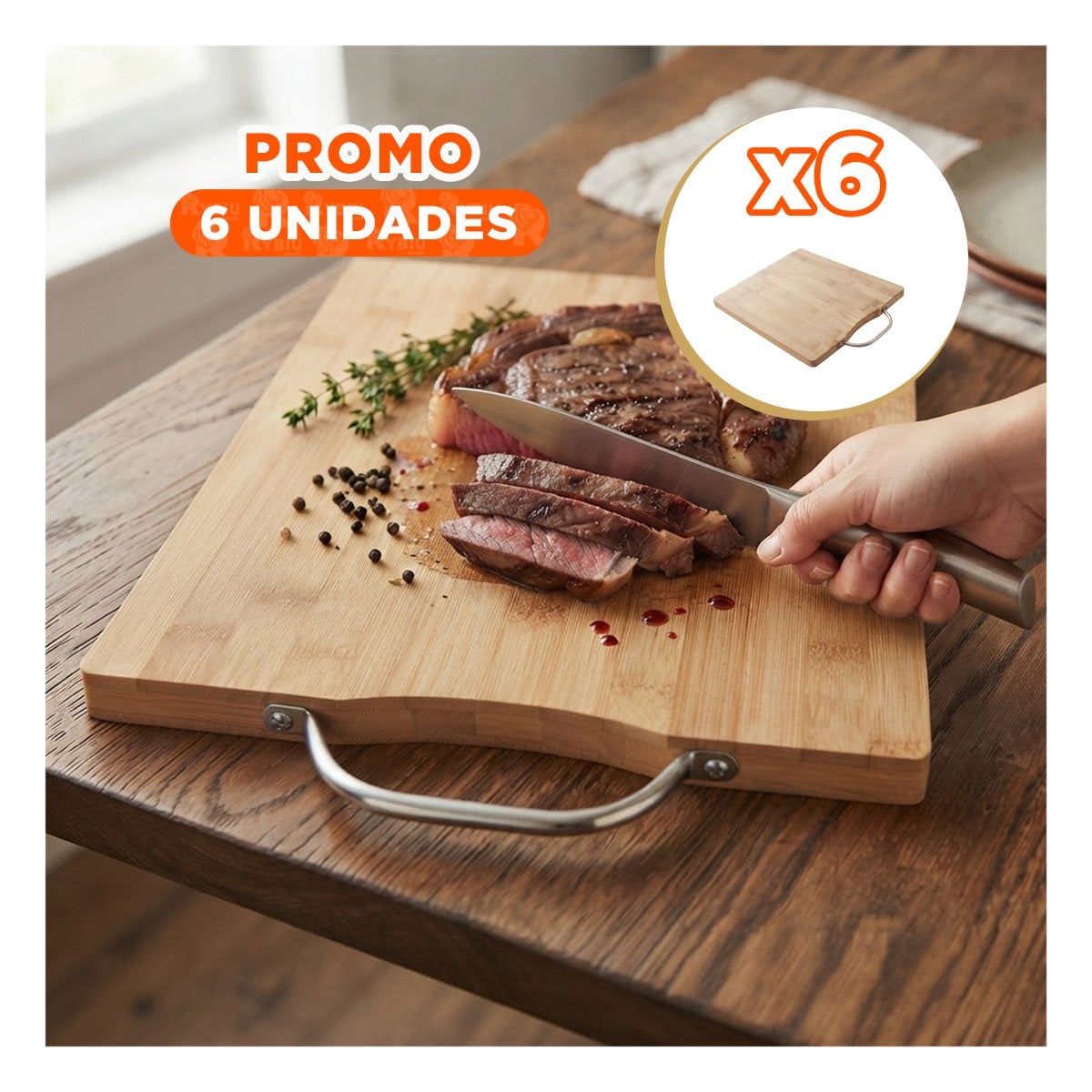 PACK6 TABLON BAMBU MOSTAZA PARA PREPARAR ALIMENTOS CON MANGO 34X24X1,8CM YPAPEL REGALO - 1