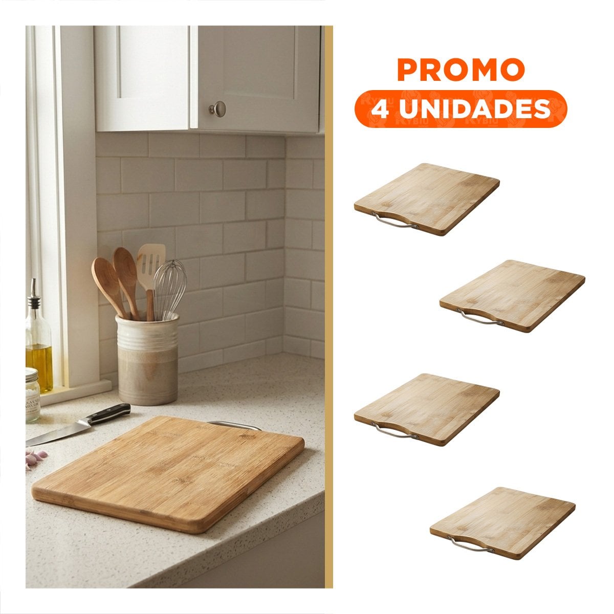 PACK4 TABLA DE COCINA CON MANGO MOSTAZA BAMBU PARA PICAR 34X24X1,8CM - 1