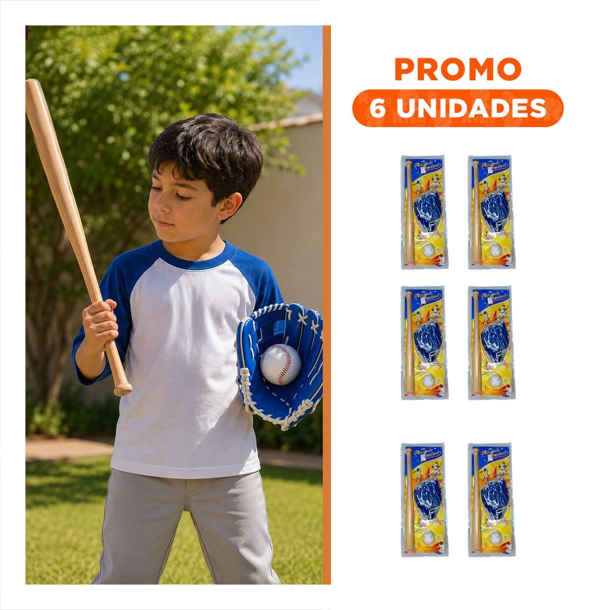 PACK6 PACK CON BATE PELOTA Y GUANTE PARA BEISBOL COLOR AZUL YREGALO STICKER - 1