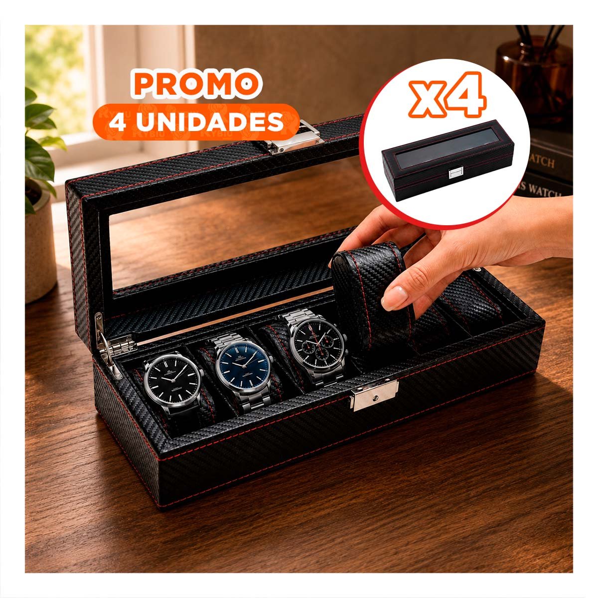 PACK4 ESTUCHE DE RELOJES PARA 6 PIEZAS NEGRO CON ACABADO SOFISTICADO YPAPEL REGALO - 1