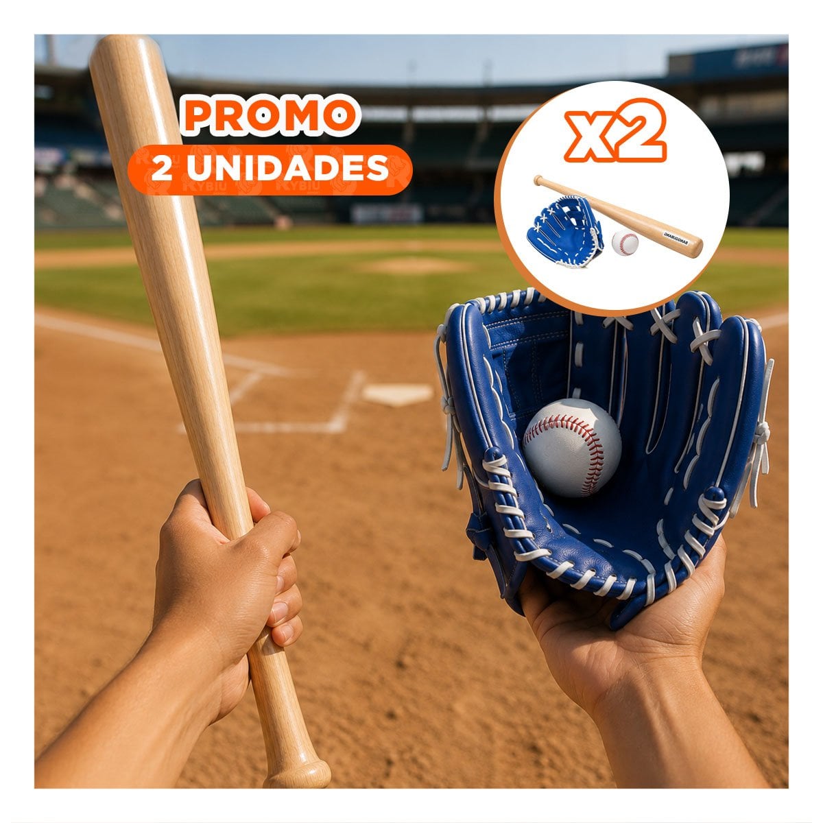 PACK2 KIT COLOR AZUL DE BEISBOL PARA PRACTICAS CON BATE GUANTE Y PELOTA - 1