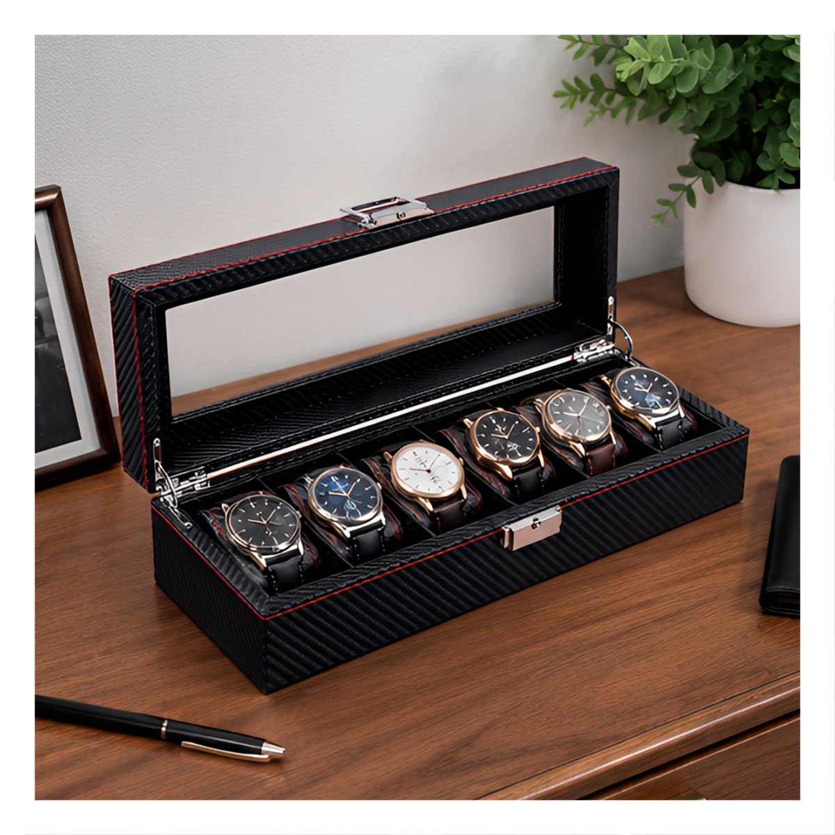 ORGANIZADOR PORTA 6 RELOJES NEGRO CON COSTURA ROJA Y INTERIOR ACOLCHADO - 3