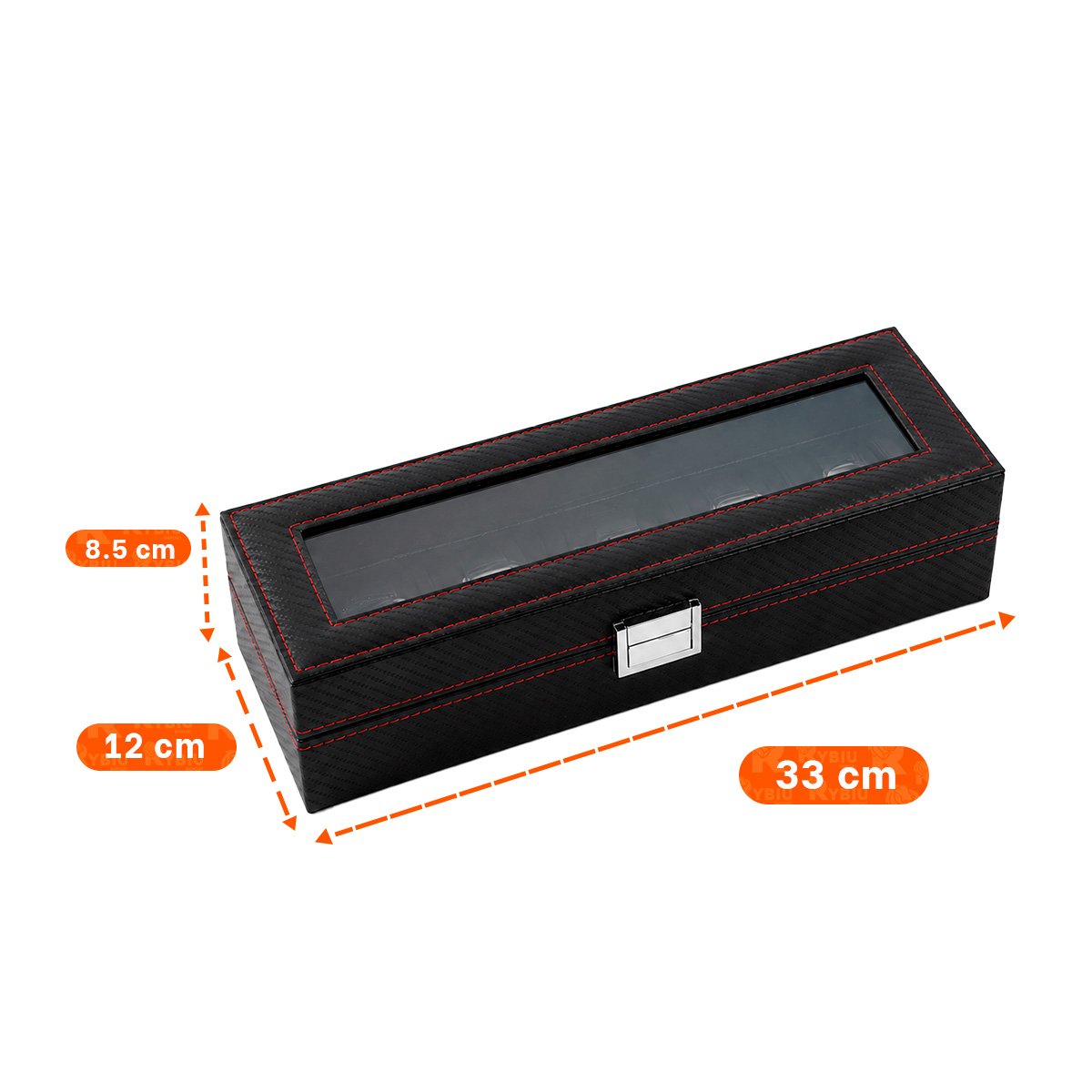 ORGANIZADOR PORTA 6 RELOJES NEGRO CON COSTURA ROJA Y INTERIOR ACOLCHADO - 4