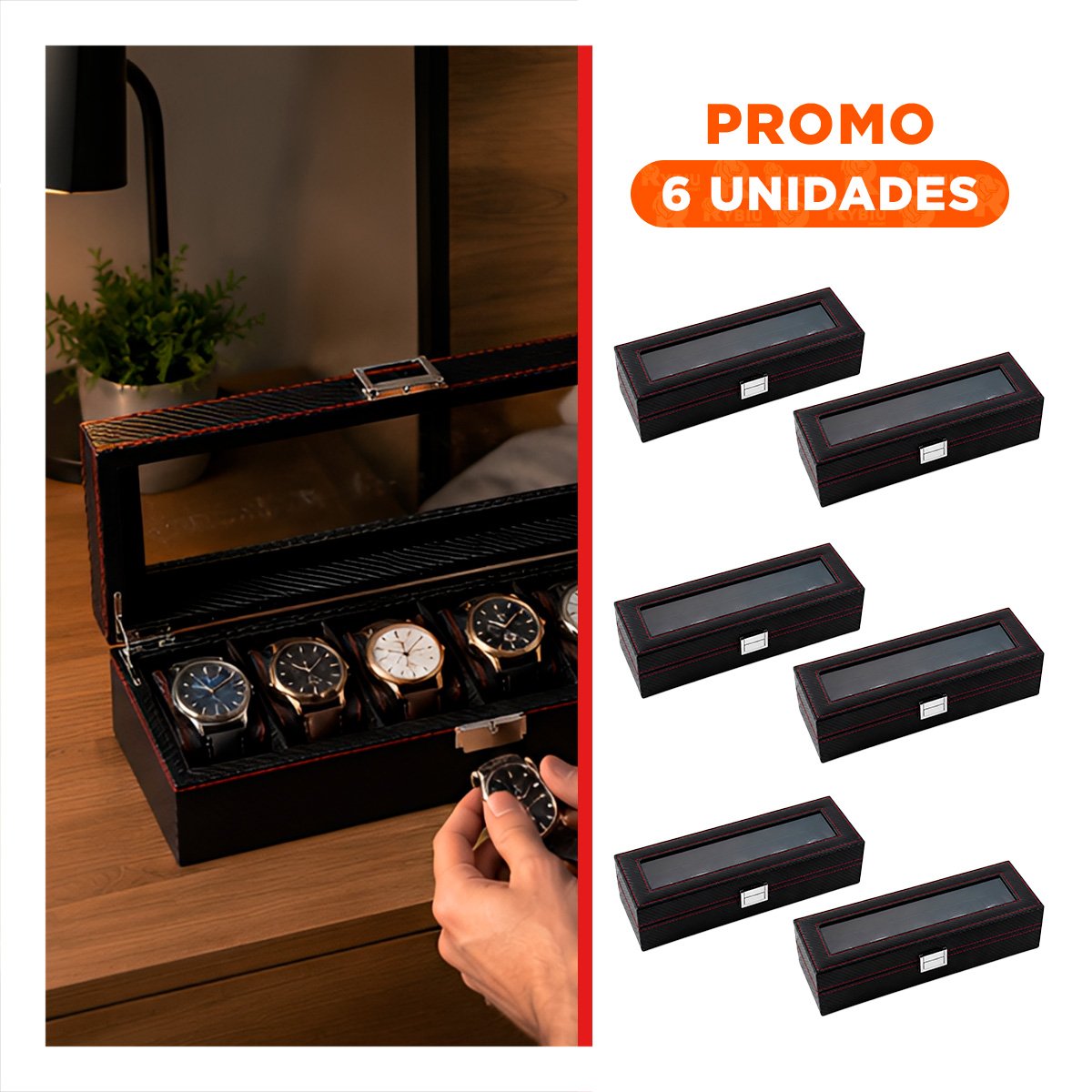 PACK6 ESTUCHE PARA COLECCIONAR 6 RELOJES NEGRO CON COSTURAS DECORATIVAS YREGALO STICKER - 1