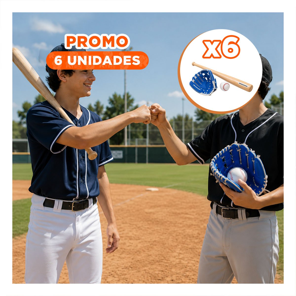 PACK6 KIT DE MADERA COLOR AZUL CON ACCESORIOS PARA BEISBOL YPAPEL REGALO - 1