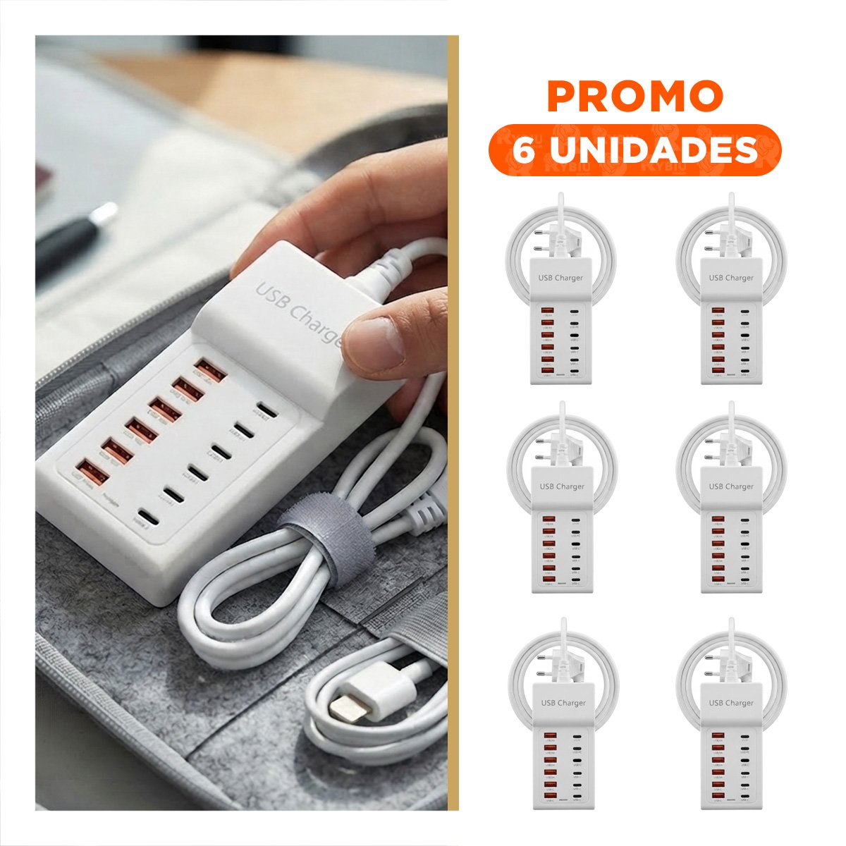 PACK6 HUB PORTATIL DE CARGA USB-C Y USB-A BLANCO PARA USO PRACTICO DIARIO YREGALO STICKER - 1