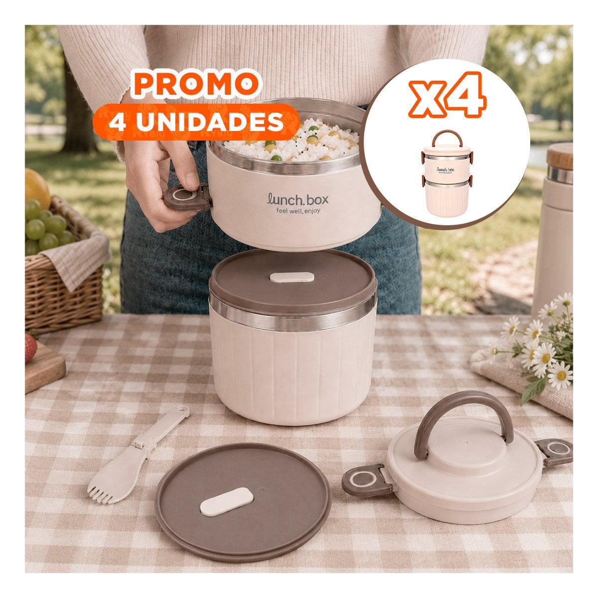 PACK4 ENVASE TERMO CIRCULAR DUO 1800 ML BEIGE DE USO DIARIO YREGALO STICKER - 1