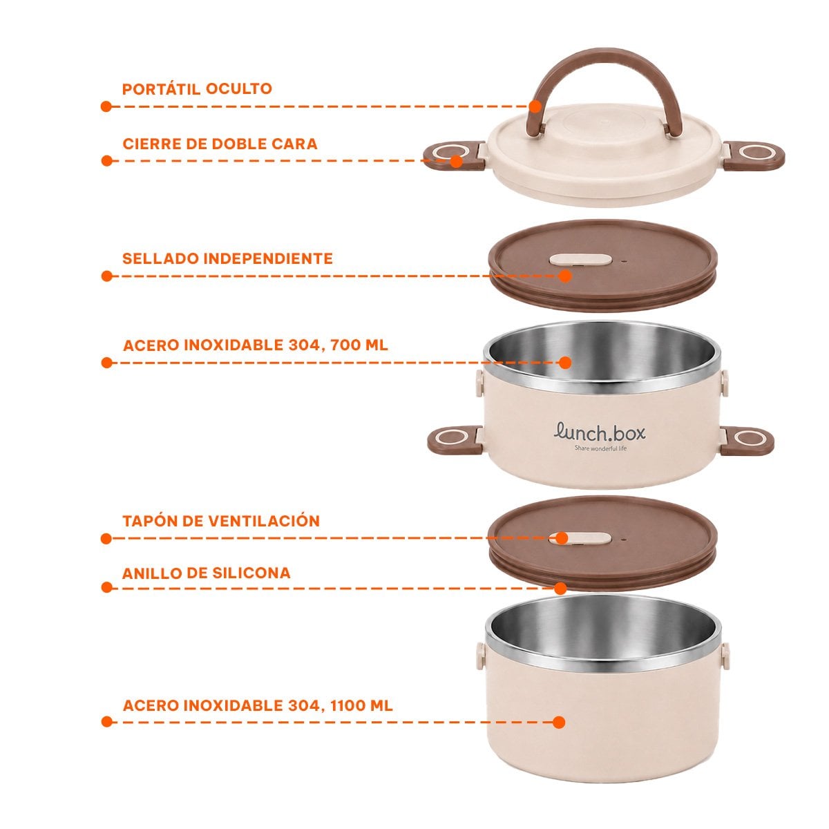 CONTENEDOR 1800 ML TERMO CIRCULAR DUO BEIGE CON TAPA Y LIGAS REGALO - 5