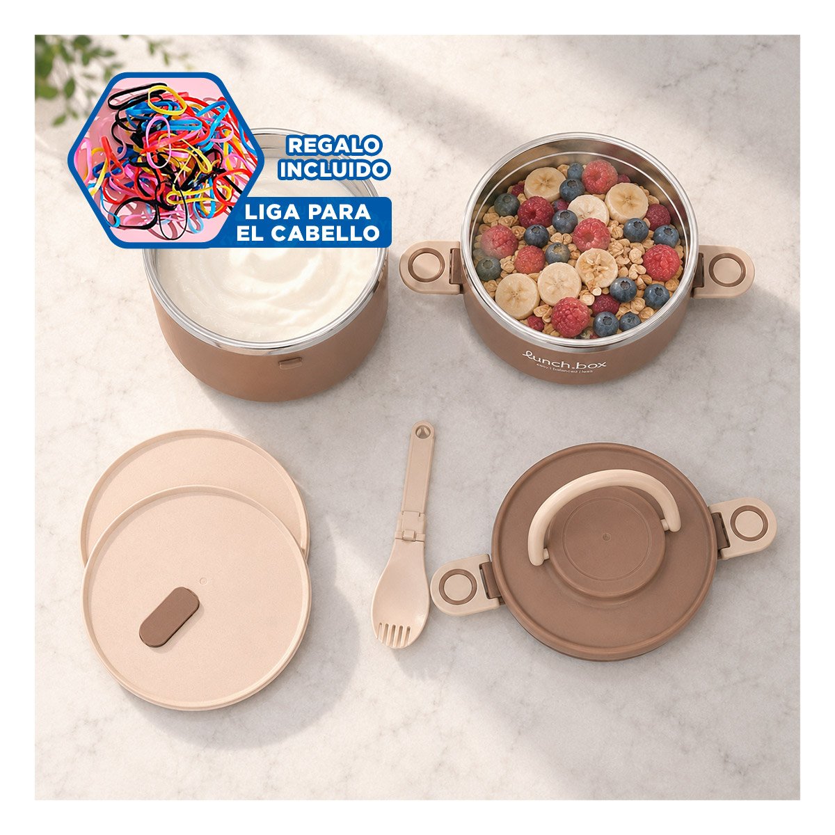 CONTENEDOR 1800 ML TERMO CIRCULAR DUO MARRON CON TAPA Y LIGAS REGALO - 2