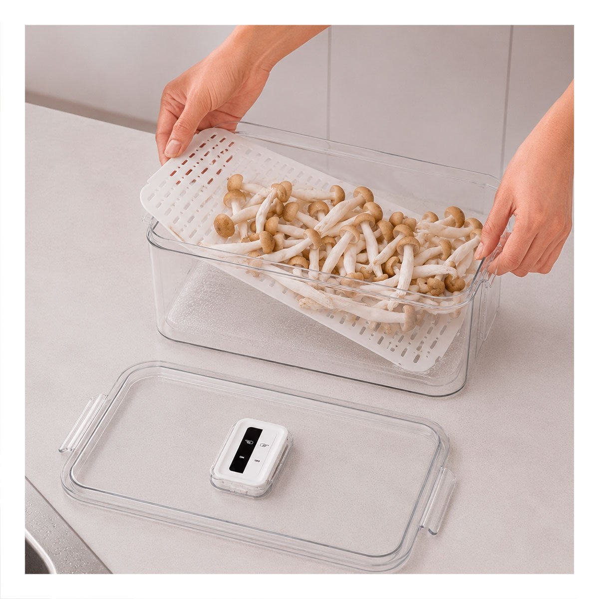 BANDEJA DE ACRILICO 32X10X21CM TRANSPARENTE CON TAPA PARA COCINA - 1