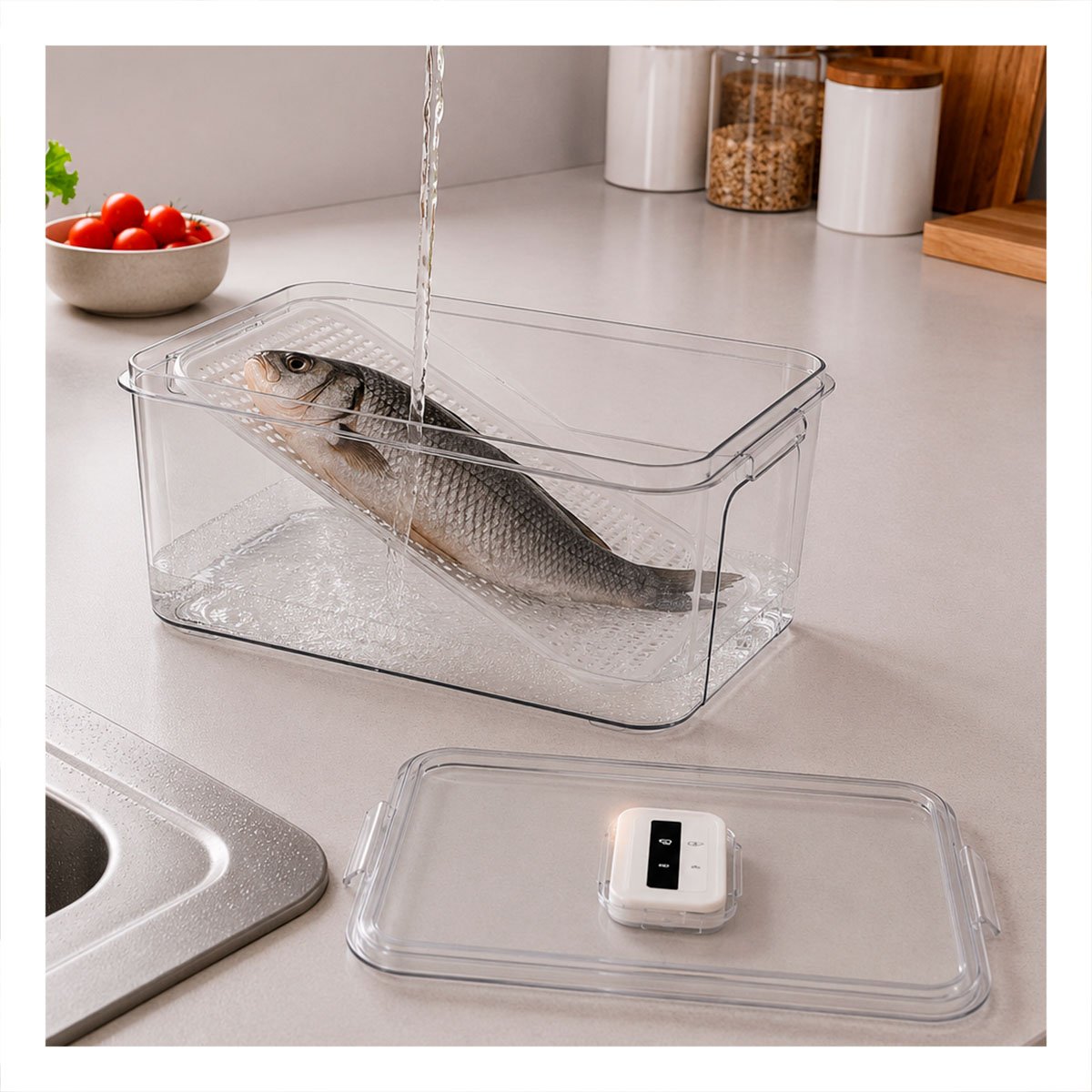 BANDEJA DE ACRILICO 32X10X21CM TRANSPARENTE CON TAPA PARA COCINA - 5