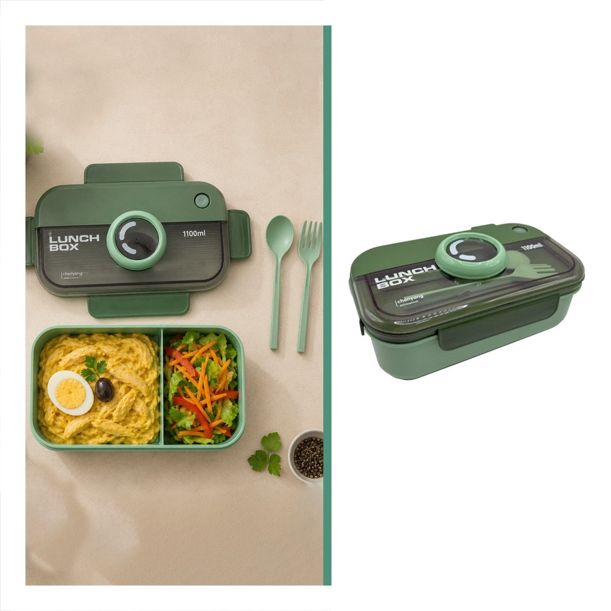 ENVASE LUNCH BOX 1100ML CON CUBIERTOS RECTANGULAR VERDE PARA ALMUERZO Y REGALO STICKER - 1