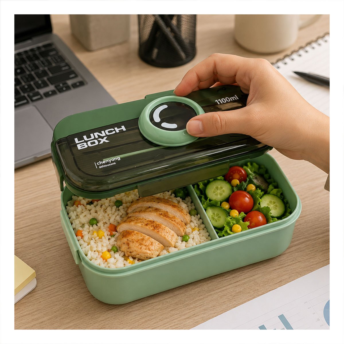 ENVASE LUNCH BOX 1100ML CON CUBIERTOS RECTANGULAR VERDE PARA ALMUERZO Y REGALO STICKER - 2