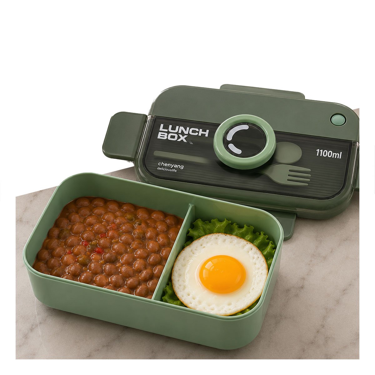 ENVASE LUNCH BOX 1100ML CON CUBIERTOS RECTANGULAR VERDE PARA ALMUERZO Y REGALO STICKER - 3
