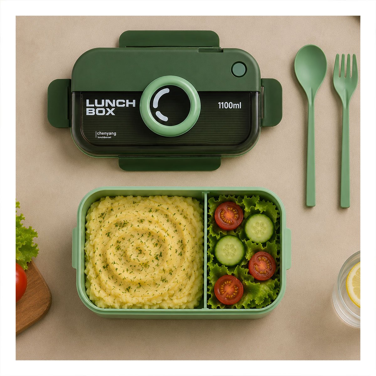 ENVASE LUNCH BOX 1100ML CON CUBIERTOS RECTANGULAR VERDE PARA ALMUERZO Y REGALO STICKER - 5