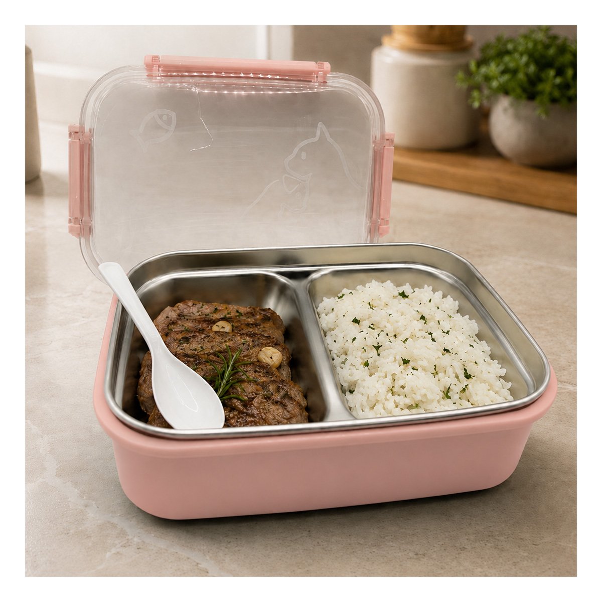 RECIPIENTE CON CUBIERTO RECTANGULAR DE 2 NIVELES PEZ CAT ROSADO Y PAPEL REGALO - 2