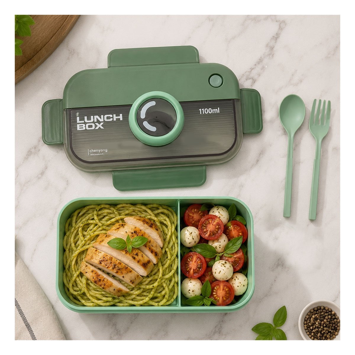 RECIPIENTE PARA COMIDAS RECTANGULAR LUNCH BOX VERDE CON CUBIERTOS 1100ML Y PAPEL REGALO - 2