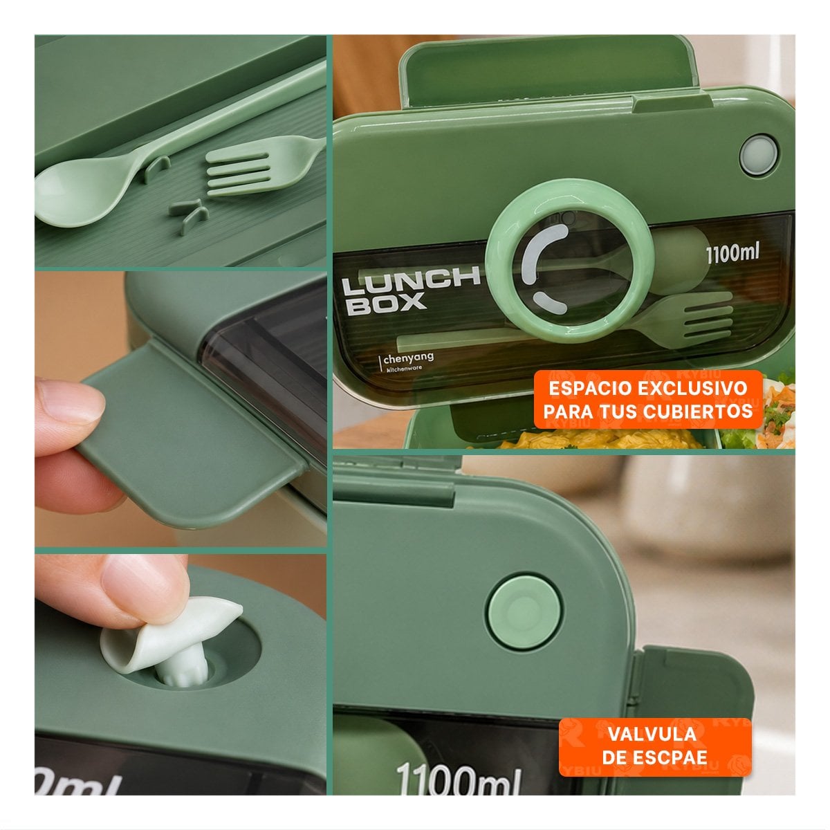 RECIPIENTE PARA COMIDAS RECTANGULAR LUNCH BOX VERDE CON CUBIERTOS 1100ML Y PAPEL REGALO - 3