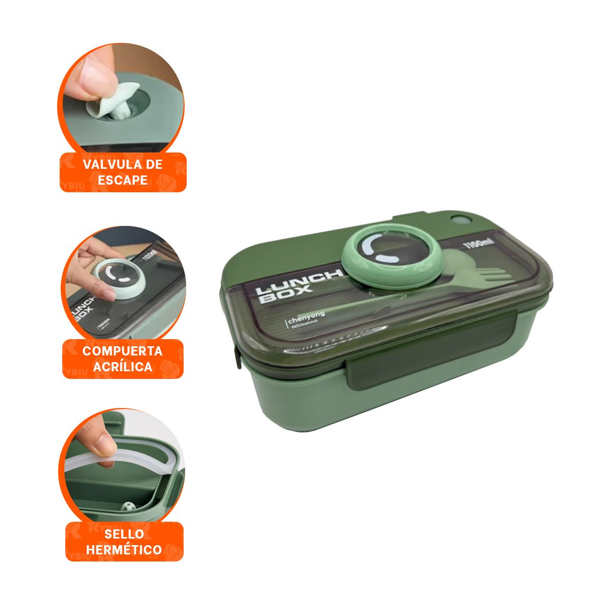 RECIPIENTE PARA COMIDAS RECTANGULAR LUNCH BOX VERDE CON CUBIERTOS 1100ML Y PAPEL REGALO - 5