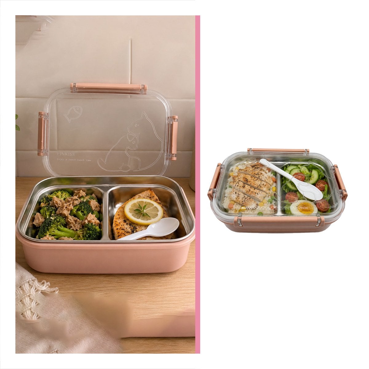 ENVASE RECTANGULAR PARA ALIMENTOS CON CUBIERTO PEZ CAT ROSADO 2 NIVELES Y REGALO STICKER - 1