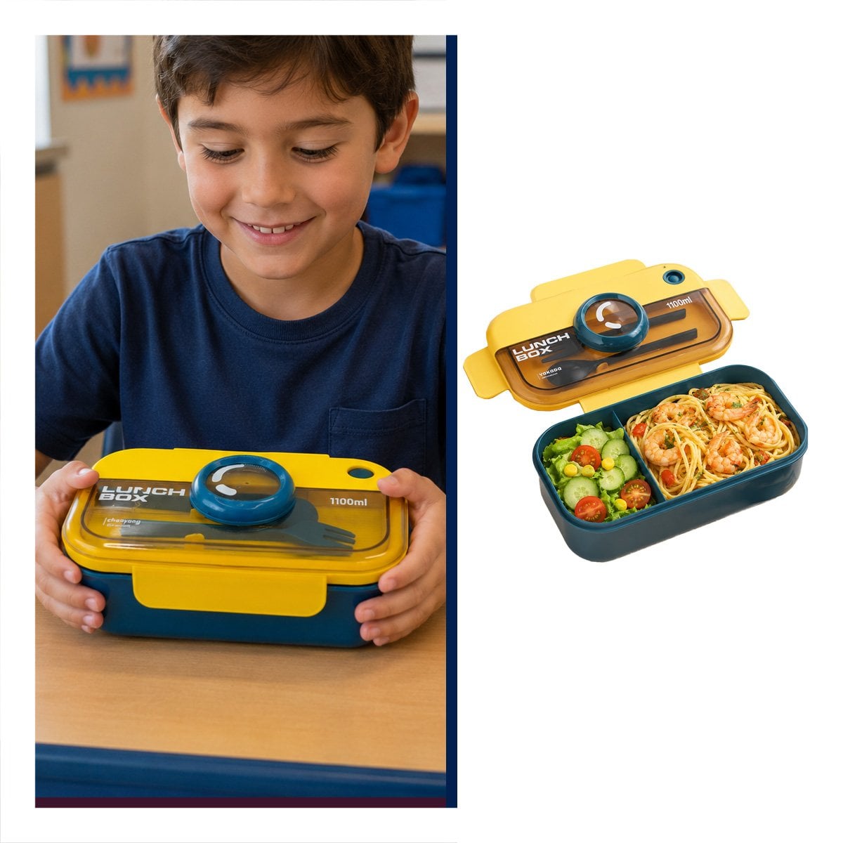 ENVASE LUNCH BOX CON CUBIERTOS RECTANGULAR AZUL Y AMARILLO PARA ALMUERZO Y REGALO STICKER - 1