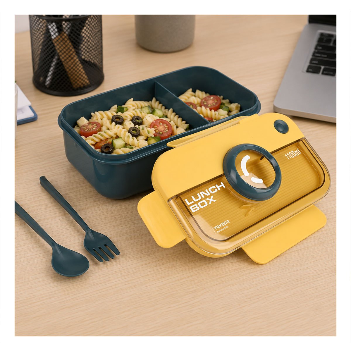 ENVASE LUNCH BOX CON CUBIERTOS RECTANGULAR AZUL Y AMARILLO PARA ALMUERZO Y REGALO STICKER - 2