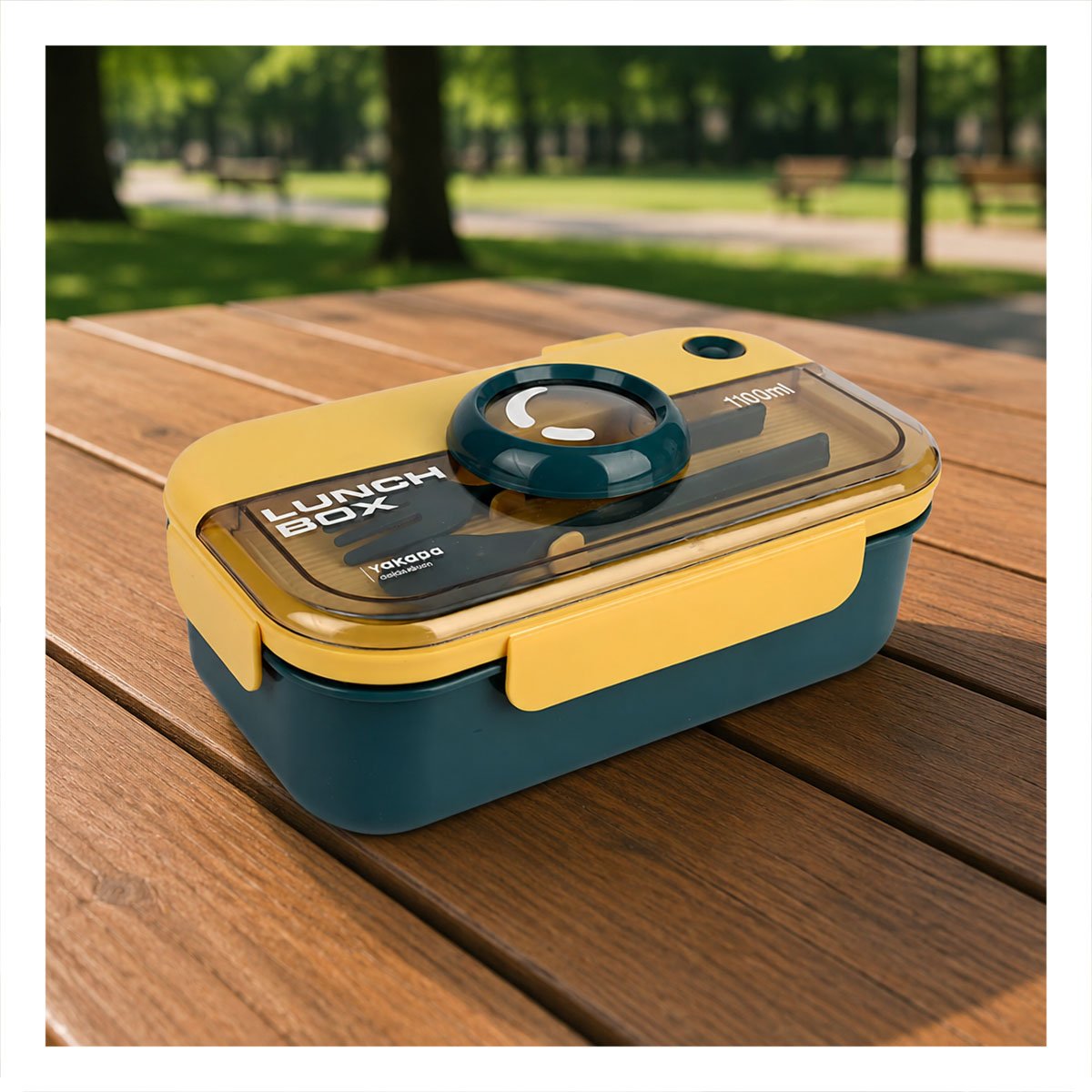 ENVASE LUNCH BOX CON CUBIERTOS RECTANGULAR AZUL Y AMARILLO PARA ALMUERZO Y REGALO STICKER - 5