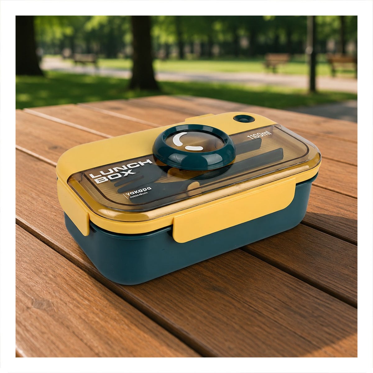 TAPER CON CUBIERTOS LUNCH BOX AZUL Y AMARILLO RECTANGULAR 1100ML PARA ALIMENTOS - 1