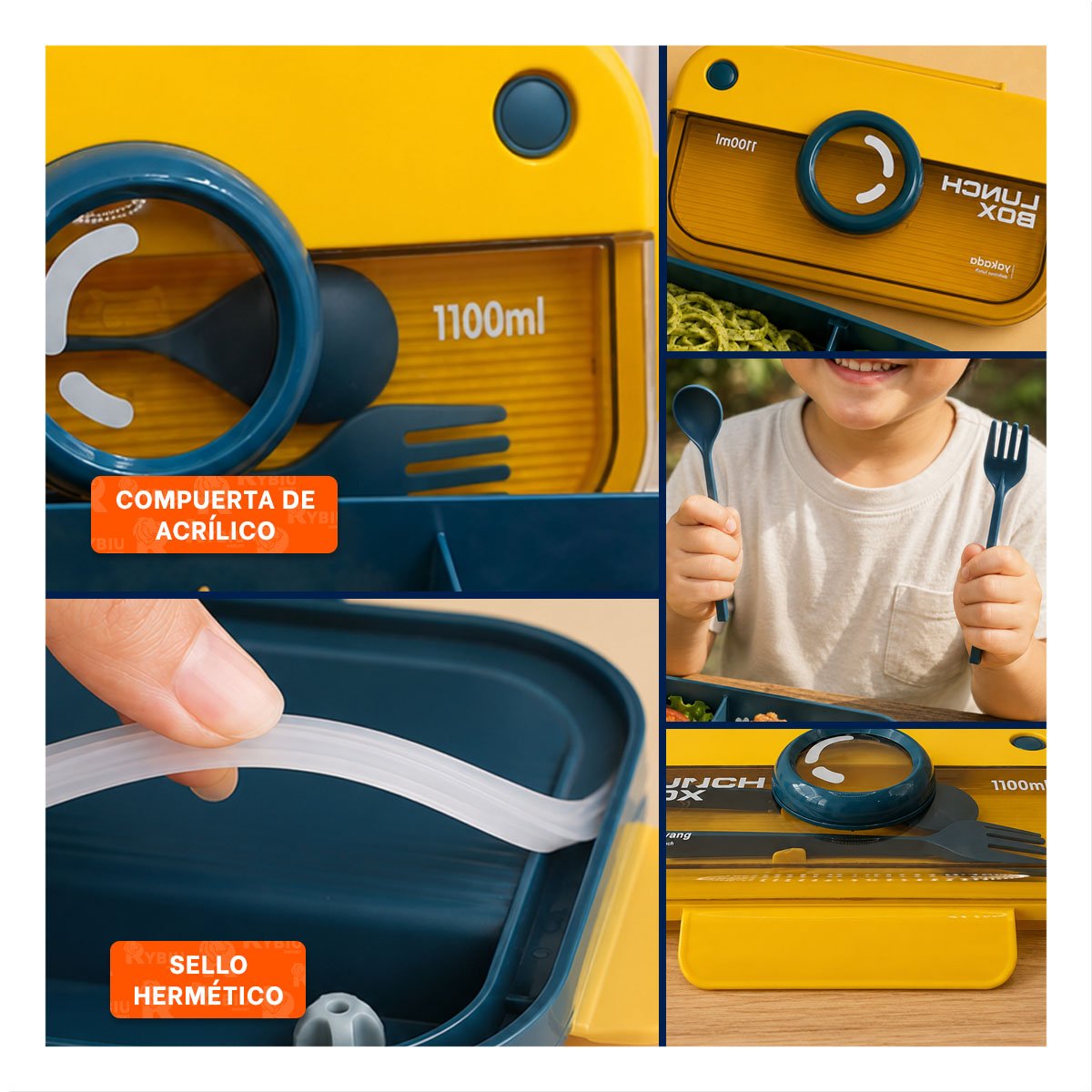 TAPER CON CUBIERTOS LUNCH BOX AZUL Y AMARILLO RECTANGULAR 1100ML PARA ALIMENTOS - 2