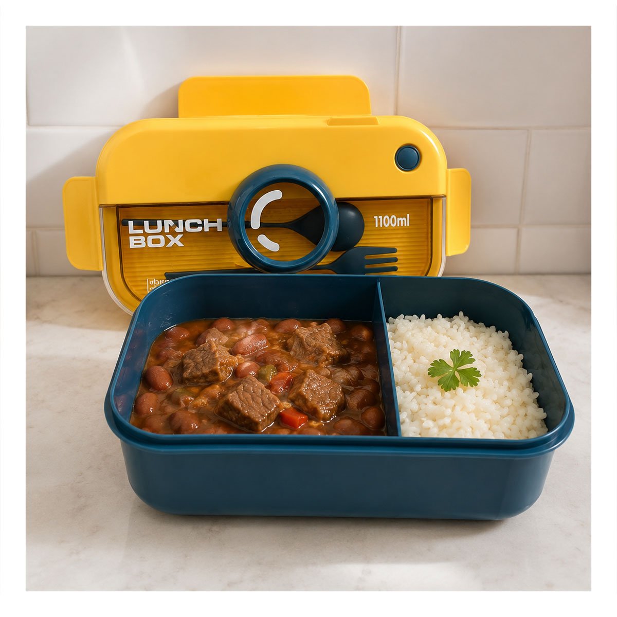 TAPER CON CUBIERTOS LUNCH BOX AZUL Y AMARILLO RECTANGULAR 1100ML PARA ALIMENTOS - 3