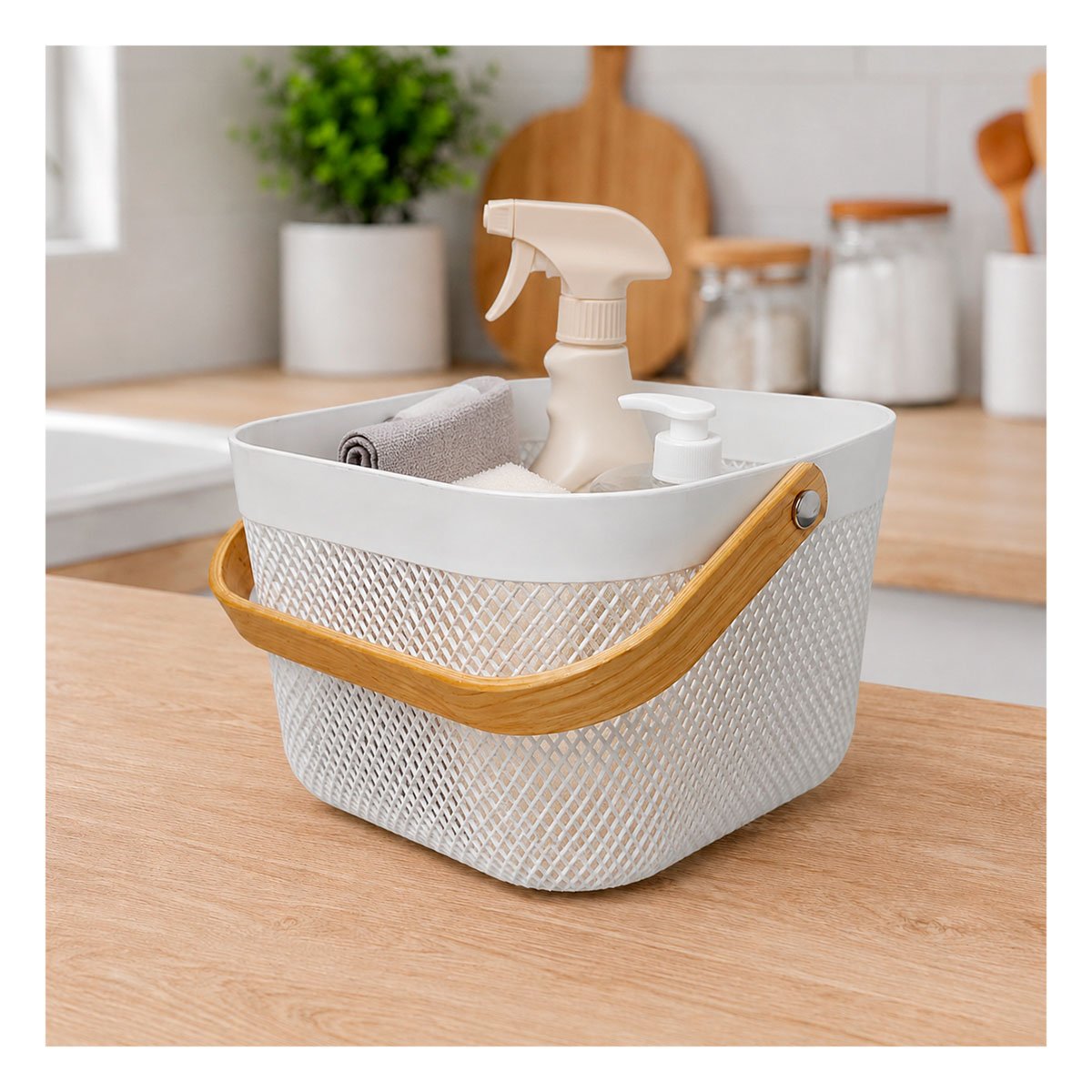 CONTENEDOR BLANCO CUADRADO CON MALLA PLASTICO Y ASA DE MADERA 20X20X14,5CM Y REGALO STICKER - 2