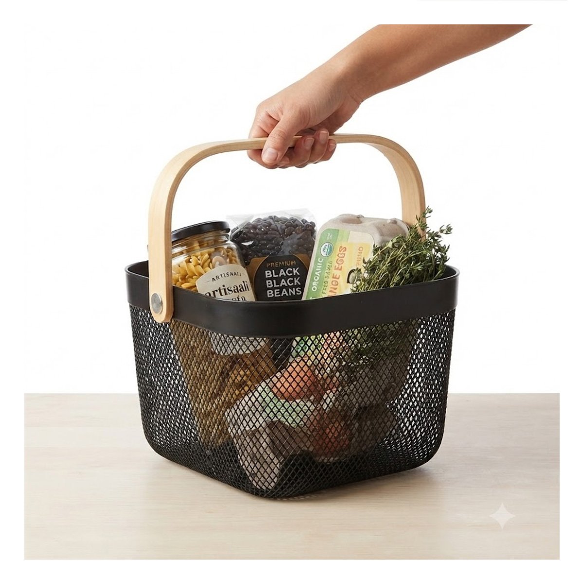 CONTENEDOR NEGRO CUADRADO CON MALLA PLASTICO Y ASA DE MADERA 24X24X18CM Y REGALO STICKER - 1