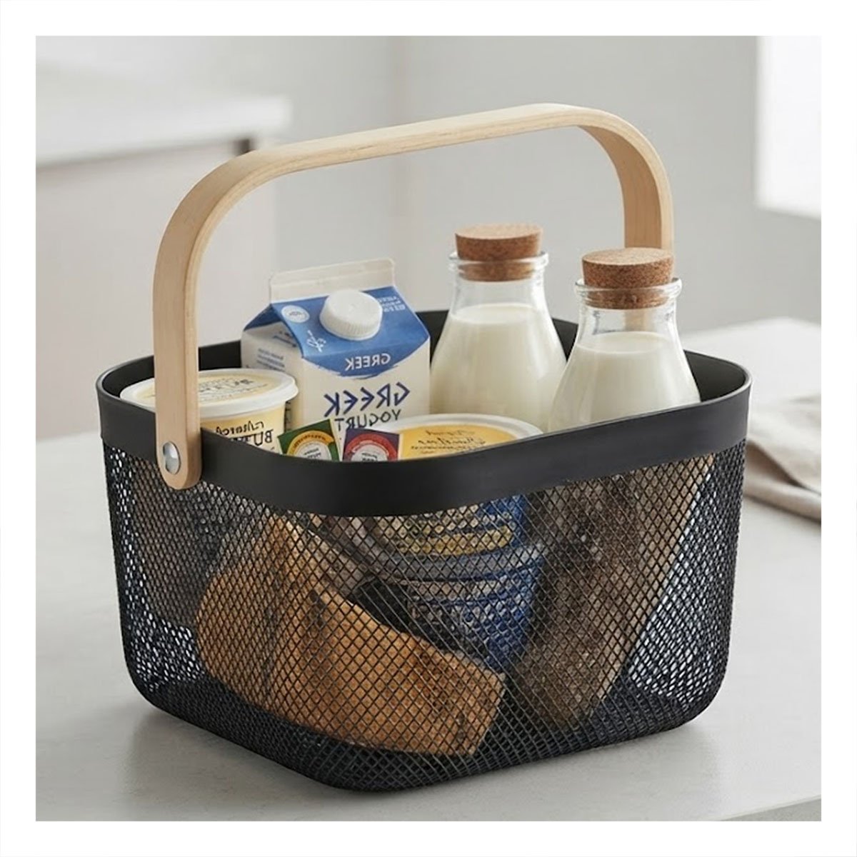 CONTENEDOR NEGRO CUADRADO CON MALLA PLASTICO Y ASA DE MADERA 24X24X18CM Y REGALO STICKER - 5
