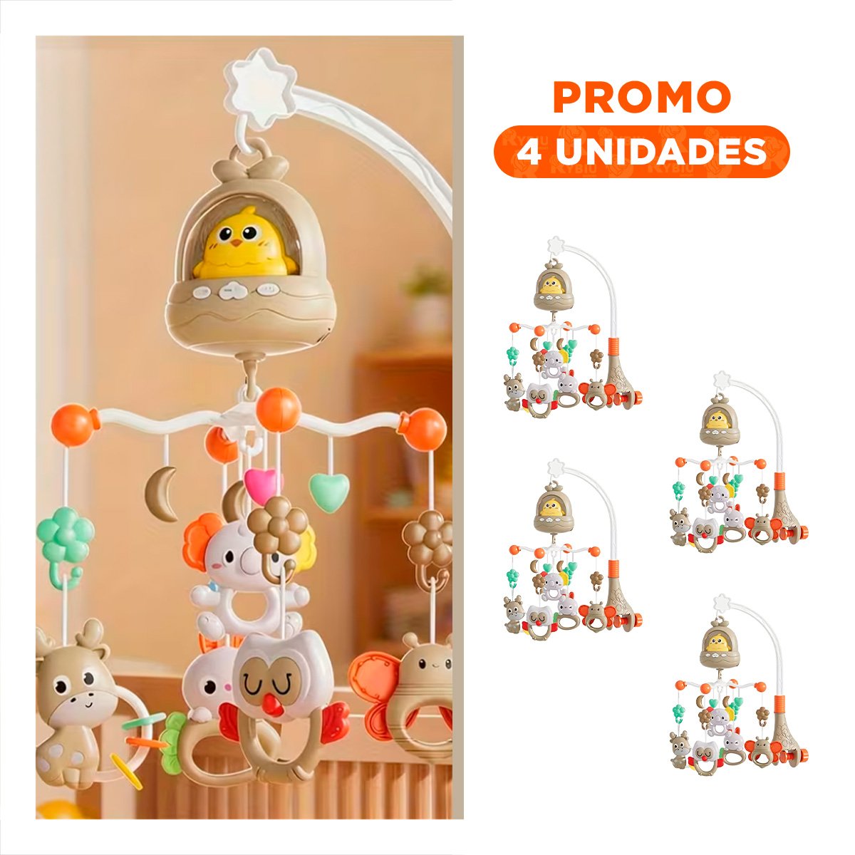 PACK4 MOVIL INFANTIL PARA CUNA POLLO MARRON CON MELODIA MUSICAL - 1