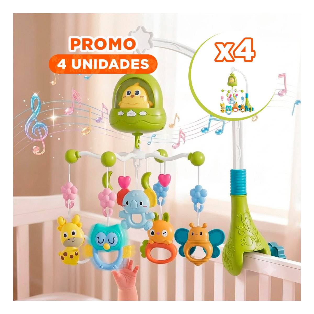 PACK4 MOVIL INFANTIL PARA CUNA POLLO VERDE CON MELODIA MUSICAL - 1