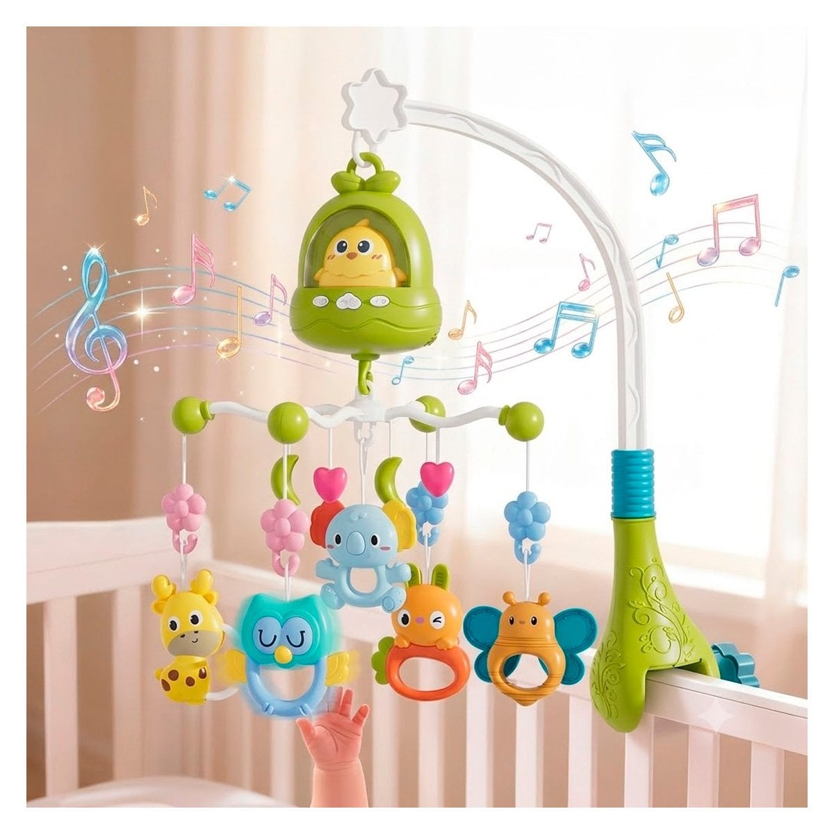 COLGANTE PARA CUNA POLLO VERDE CON MELODIA INFANTIL PARA BEBE Y PAPEL REGALO - 1