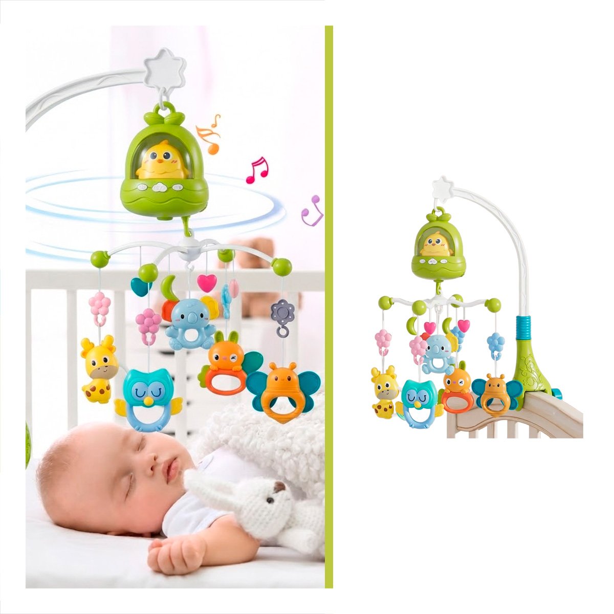 COLGANTE PARA CUNA POLLO VERDE CON MELODIA INFANTIL PARA BEBE Y PAPEL REGALO - 5